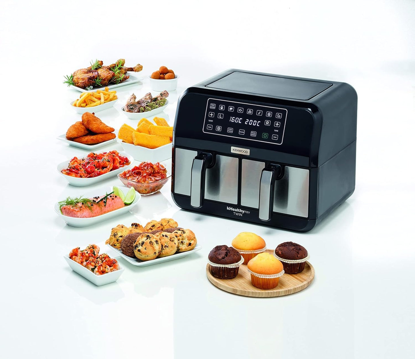 Kenwood digital twin air fryer xxxl 4l+4l 1.7kg+1.7kg with dual zone technology & dual frying hfm75.000mb black/silver