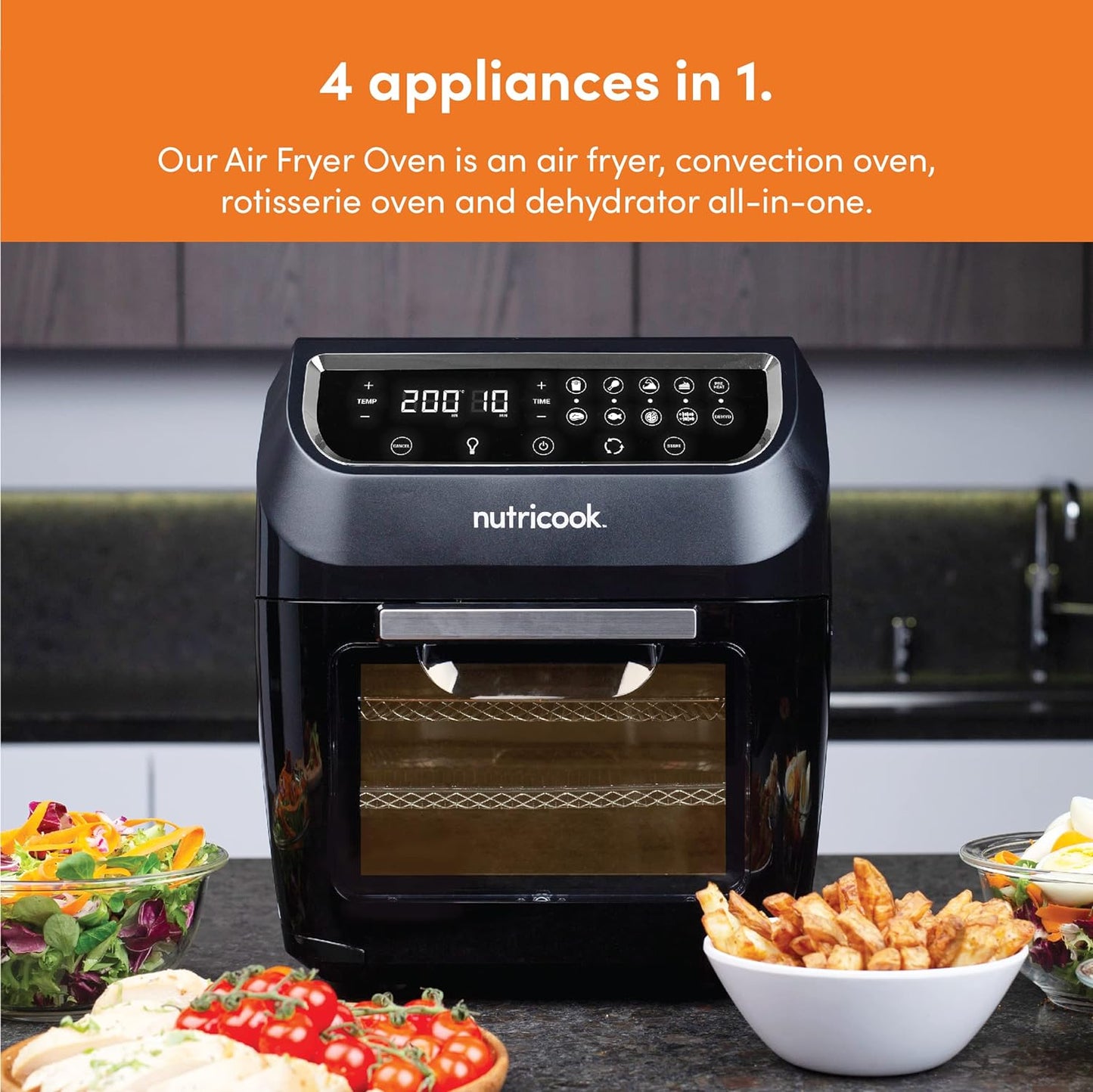 Nutricook Air Fryer Oven, 1800 Watts, Digital/One Touch Control Panel Display, 8 Preset Programs, 12 Liters, Black