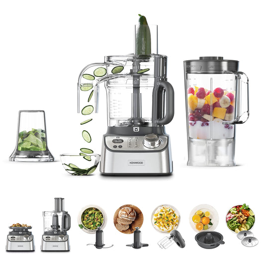 Kenwood Food Processor 1000W with Glass Blender, Glass Mill, Juicer Extractor, Dual Metal Whisk, Dough Maker, Citrus Juicer, Express Serve/Salad Maker, FDM71.980SS Silver