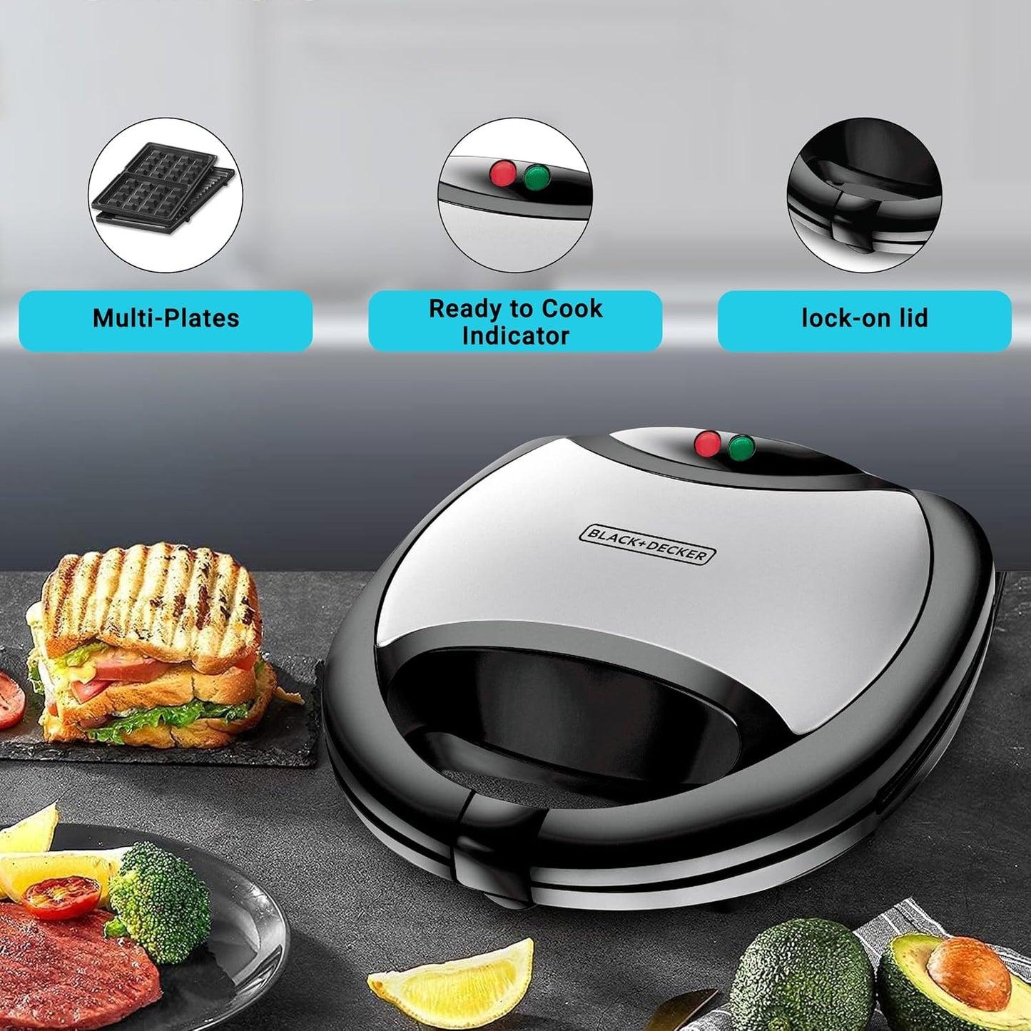 Black & Decker Sandwich and Waffle Maker, 3 Slices, 750 Watt, Black Ts2090-B5