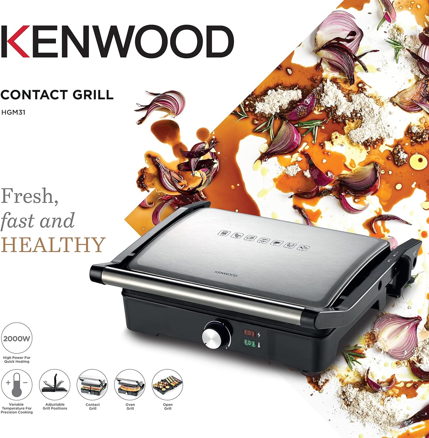 Kenwood Electric Grill, 2000 Watt, Silver Black - HGM31.00SI